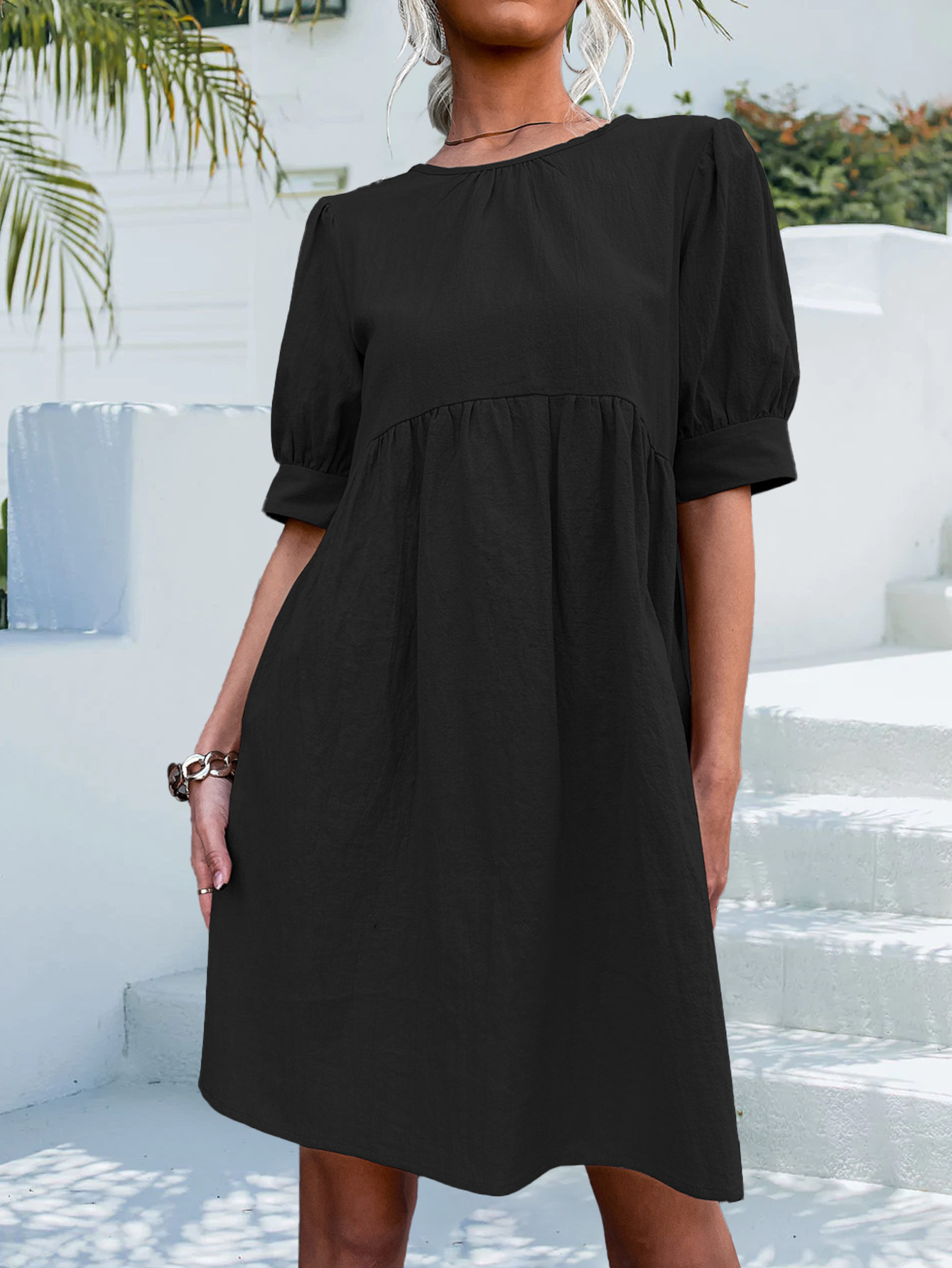 Spring Summer Arrival Solid Color Basic round Neck Button Puff Sleeve Dress