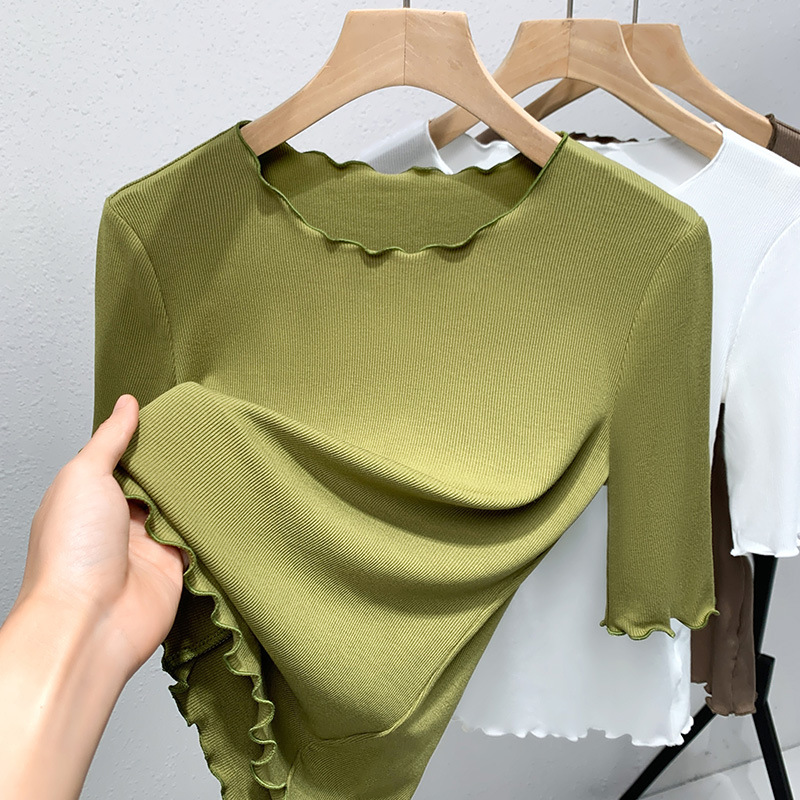 Camisa de fondo de manga media para mujer 2022 nueva camiseta de cuello redondo modal para mujer que reduce la edad en la oreja de madera interior superior de color sólido image 12