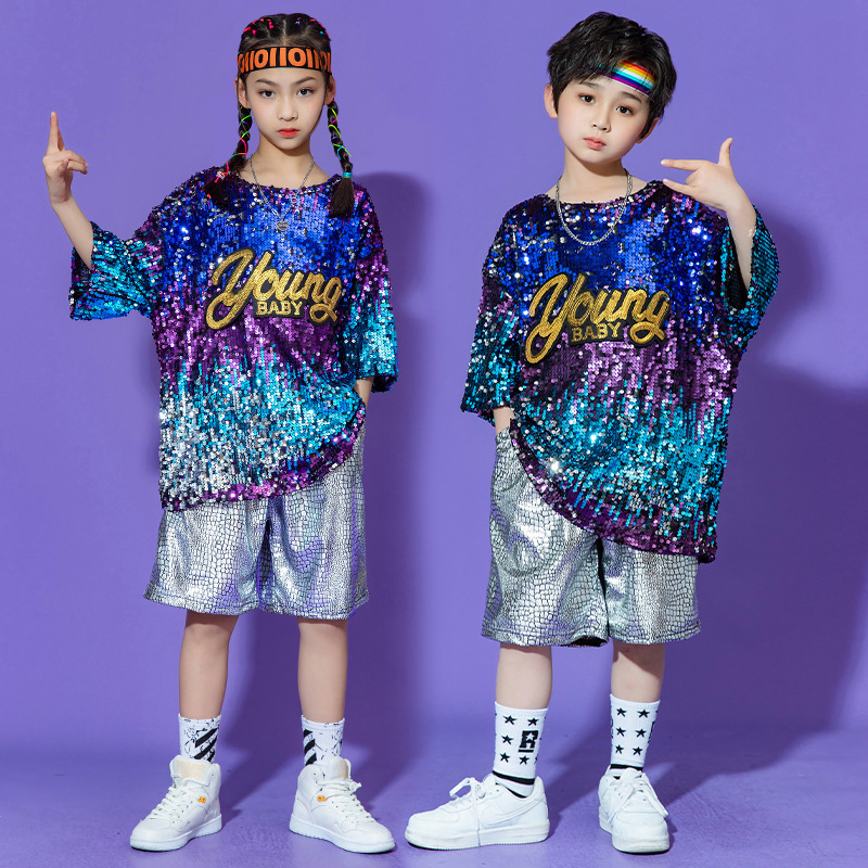 Children singer rapper blue sequined sparkle hip hop street jazz dance costumes boys hip-hop sequins gogo dancers dance outfits for girl jazz dance dance shows tide suit