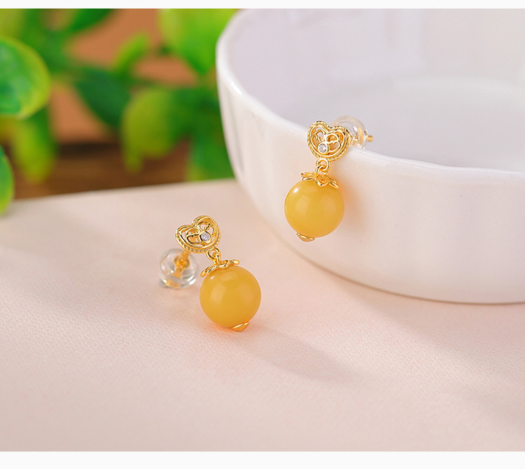Bông tai bạc S925 mạ vàng hạt trái tim rỗng phong cách retro — Mẫu sáp ong chi tiết 4