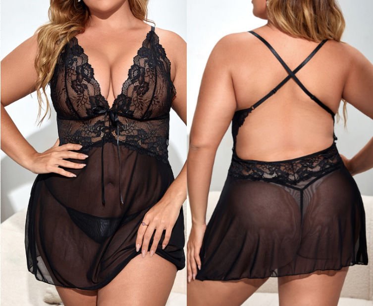 European and American chubby girl foreign trade sexy lingerie backless pajamas suit sexy transparent lace skirt 7598