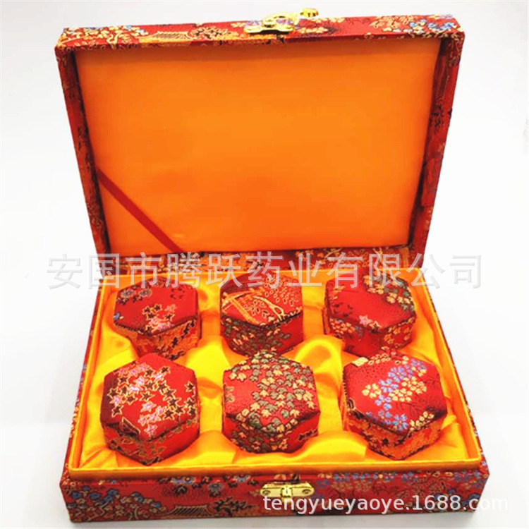 Hexagonal Brocade Gift Box Fabric Covered Cardboard Pill Jewelry Packaging Box Red 6-Insert Buckle Style specifications