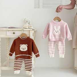 秋冬新款婴儿可爱小兔子软绵绵半边绒家居套装男女宝宝洋气家居服