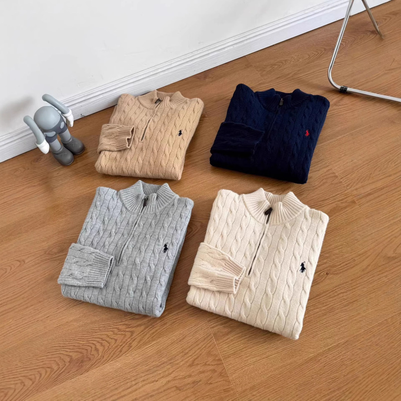 Cross-Border Rl Ralph Lauren Sweater with All Tags Intact, Qr Code Available, Embroidered Pony Logo, Zip-Up Knit Sweater, Crew Neck Cable-Knit Cardigan