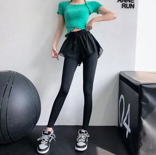 High-waisted abdominal-cinching yoga pants for women to wear outside, running slimming large size step sports tight pants fitness faux two-piece pants