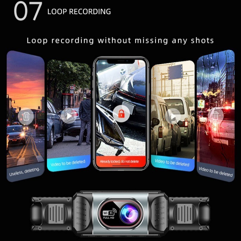 Three-lens dashcam with front, rear, and interior night vision, WiFi connectivity, parking monitoring, and in-car recording