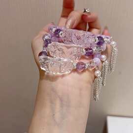 原创新品紫锂辉水晶手链搭配白水晶九尾狐牌水晶饰品
