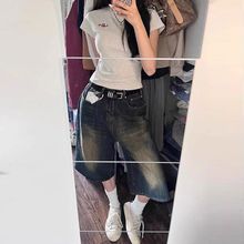 美式高街七分牛仔短裤女夏季新款做旧宽松阔腿显瘦百搭直筒中裤子