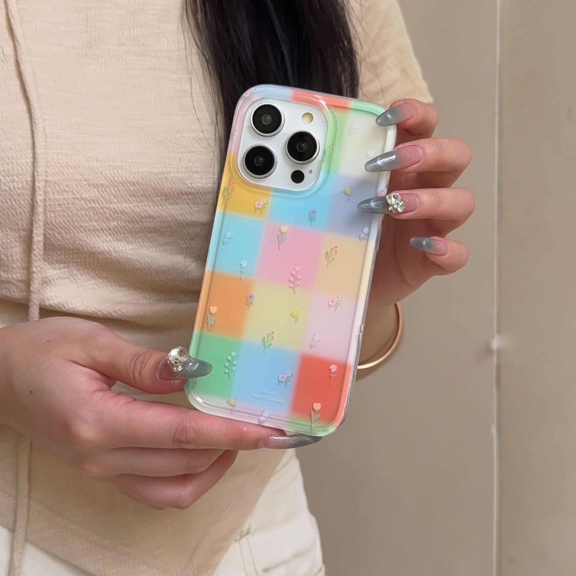 Costuras florales de rejilla de color personalizadas para Apple 16ProMax funda para teléfono móvil 15Pro Rabbit 14/13 Verano 15PM