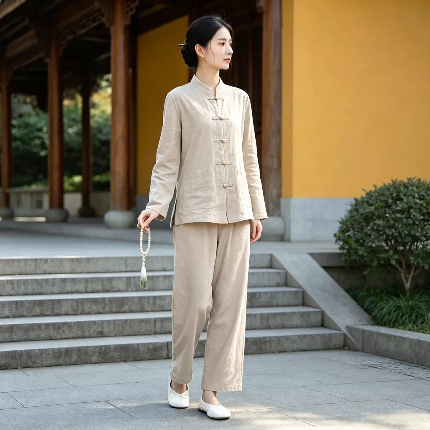 海青女居士服长袖中式棉麻套装寺院拜佛素衣朝山义工服禅修服套装