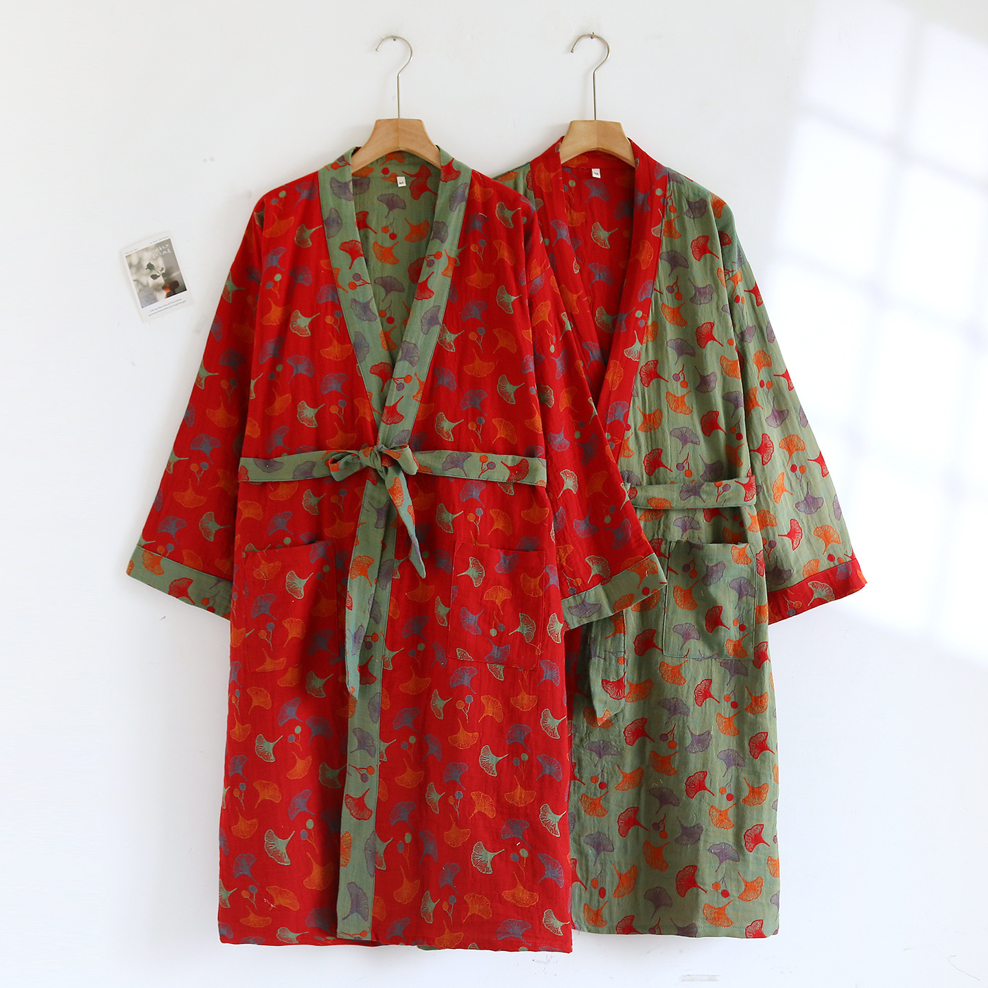 Pure Cotton Kimono Nightgown Women's Spring Summer Autumn Yarn-dyed Ethnic Style Mid-length Home Bathrobe Retro Loose Nightgown Women