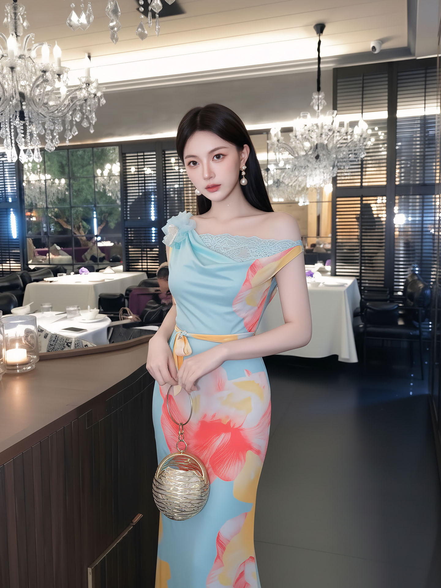 Đầm maxi nữ thắt eo phong cách tân cổ điển họa tiết in hoa dây rua — màu xanh nhạt