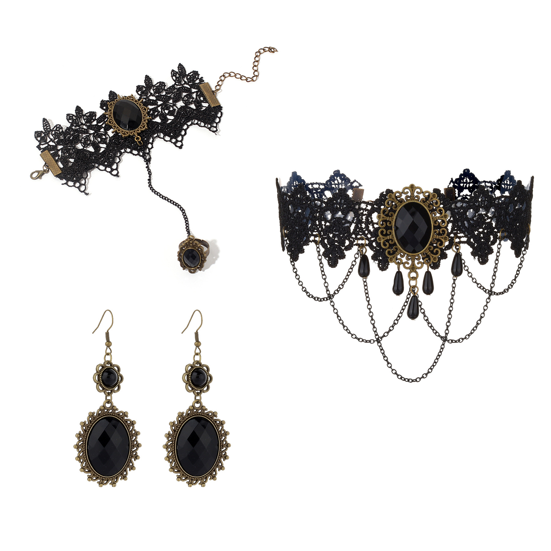 Accesorios de diseño de nicho transfronterizo estilo de baile de palacio personalizado collar de encaje retro pulsera anillo combinación traje