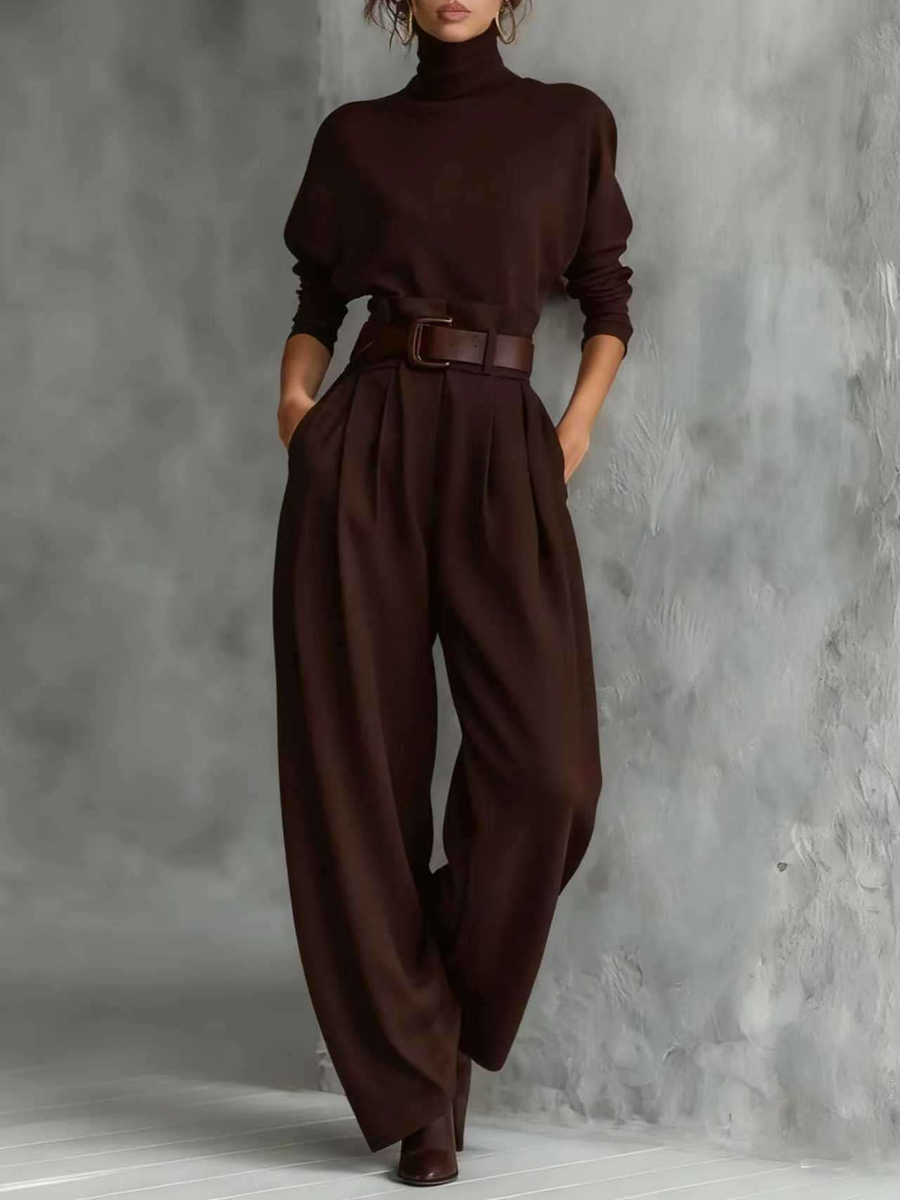 Women's Clothing Women's High Neck Long Sleeve Trousers Set High Waist With Belt Casual Stylish Spring Autumn Suit Style_ecoleips.com