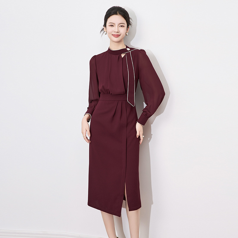 2501705-Shenzhen Nanyou Light and Sophisticated Goddess Style Waist-Cinching Chic Ribbon Round Neck Hip-Hugging Dress