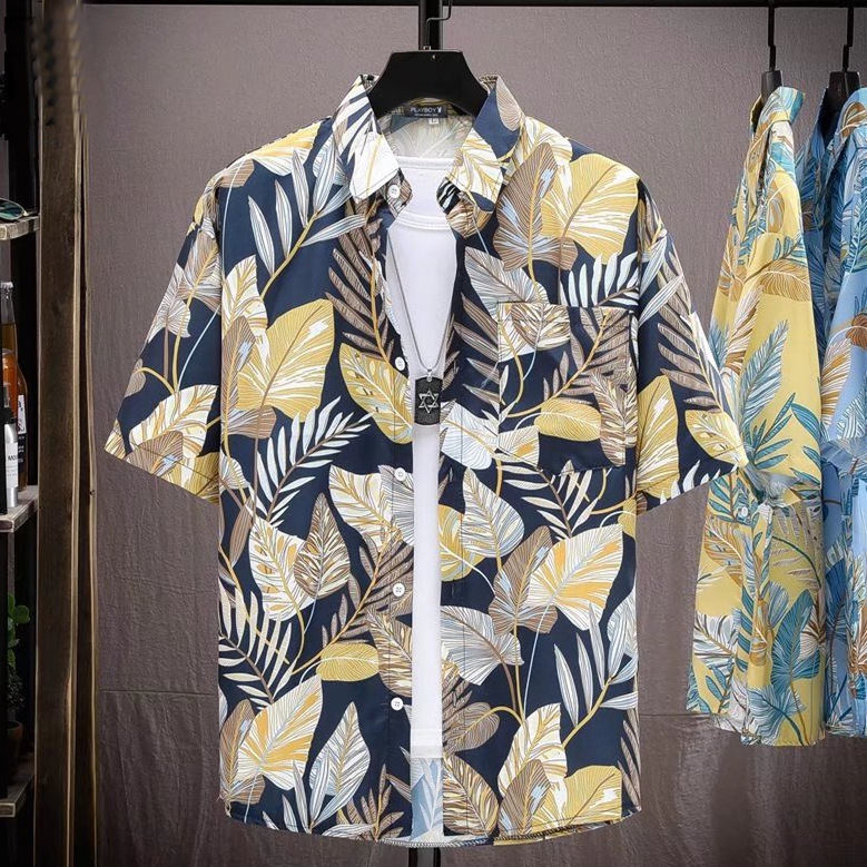 2024 Summer New Hawaiian Shirt Thin Ice Silk Loose All-match Beach Printed Men's Short-sleeved Trendy Shirt