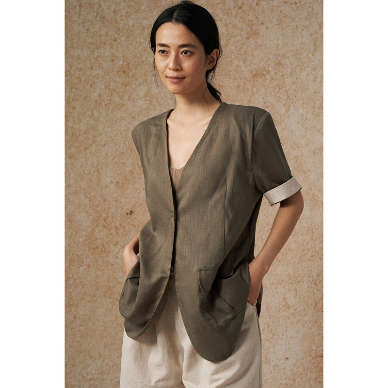 Comos Cms 2026 Summer Tencel V-Neck Single-Button Blazer Commuter Fold-Over Short-Sleeve Jacket 258682