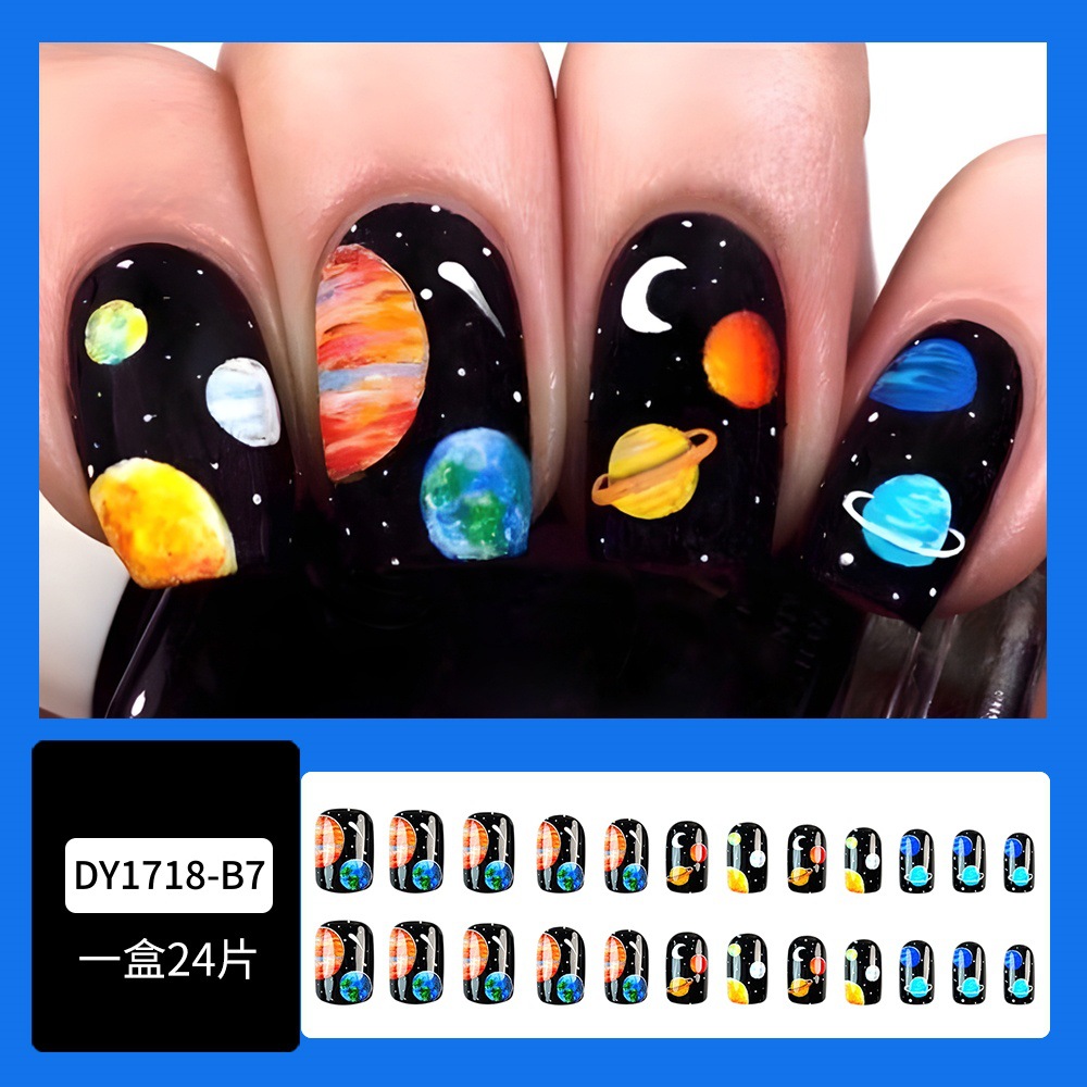 24 piezas dibujadas a mano planetas cosmos desgaste de uñas redondas oscuras parches de uñas de estrellas frescas de estilo corto de uñas falsas image 3