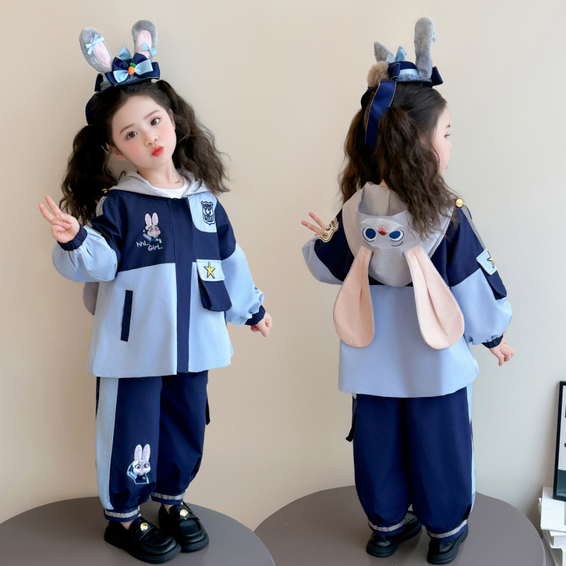 Girls' Hooded Spring and Autumn Windbreaker Jacket Judy Pants Set, Korean Style Casual Bunny Police Officer Two-Piece Set for Young Children