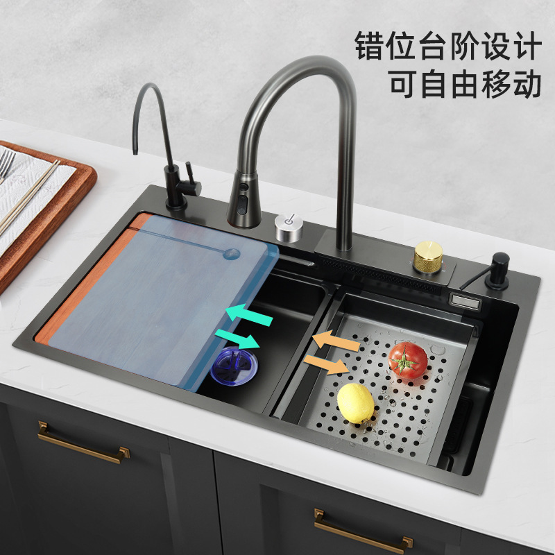 Raindance Sink Kitchen 304 Stainless Steel Sink Countertop Handmade Large Single-Slot Waterfall Faucet Black Sink