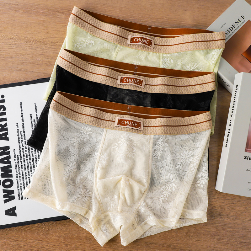 Men's Ice Silk Lace Boxer Briefs, Summer Breathable Mesh Seamless Boxer Briefs, Sexy Jacquard Boxer Shorts