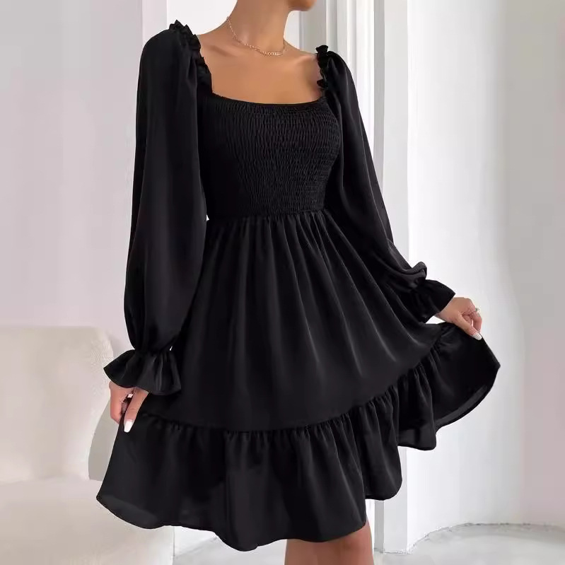 2024Temu European and American French Simple Square Neck Shirred Bodice Ruffled Hem Dress