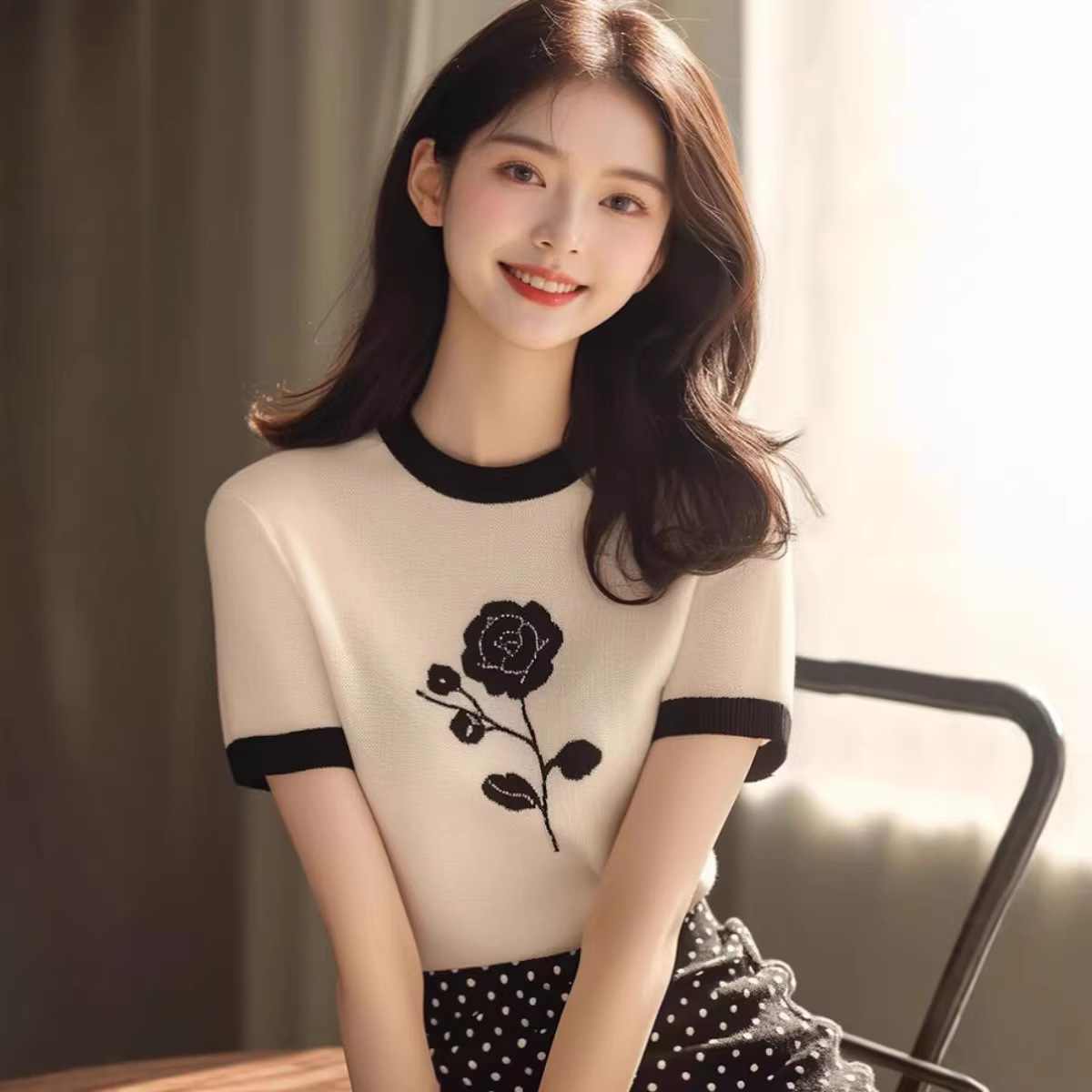 Áo thun nữ ngắn tay chất liệu cotton pha sợi mát, form ôm nhẹ — trắng chi tiết 1