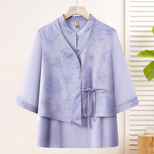 【Xiang】Mom's New Summer Mid-Sleeve Blouse for Middle-Aged and Elderly Women, Stylish Chinese-Style Shirt, Faux Two-Piece Top