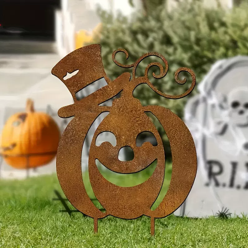 跨境万圣主题生锈色礼帽南瓜地桩摆饰户外庭院花园草坪地插工艺品