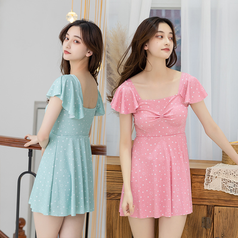 2021泳衣连体遮肚显瘦保守泳衣女性感韩国小清新印花泡温泉泳装