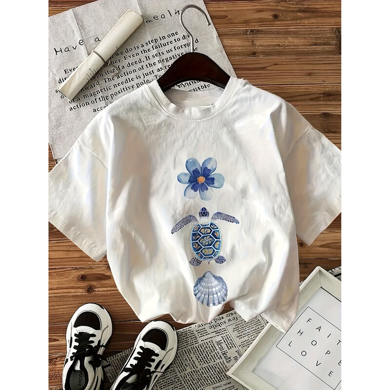 【European Size Cotton T-Shirt】Women's Casual Short Sleeve Crew Neck T-Shirt - Breathable Summer Top with Floral and Shell Patterns 【European Size Cotton T-Shirt】Women's Casual Short Sleeve Crew Neck T-Shirt - Breathable Summer Top with Floral and Shell Patterns