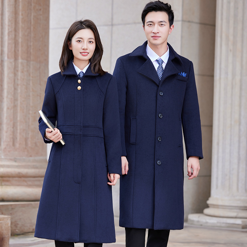 (2개) 네이비 양모 코트 남성과 여성의 겨울 수석 관리 관리자 비즈니스 원피스 면화 따뜻한 모직 천