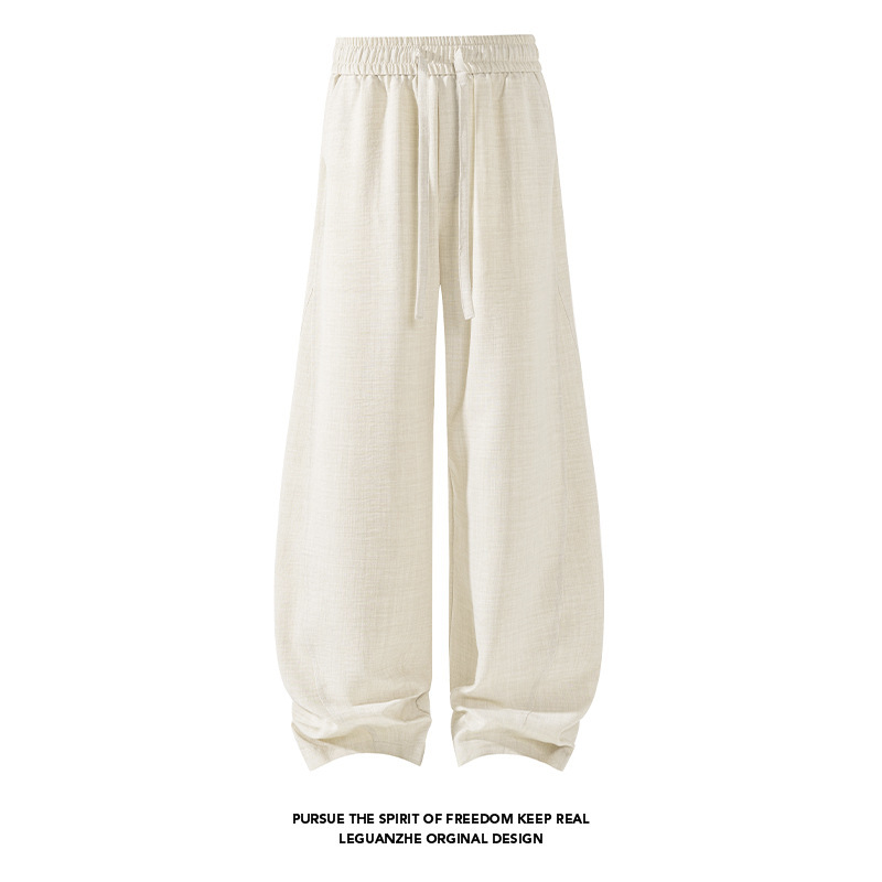 Men's Melard Faux Linen Curved Hem Pants, Loose Fit, Old Money Style, Straight Casual Pants, Drapey Wide-Leg Pants