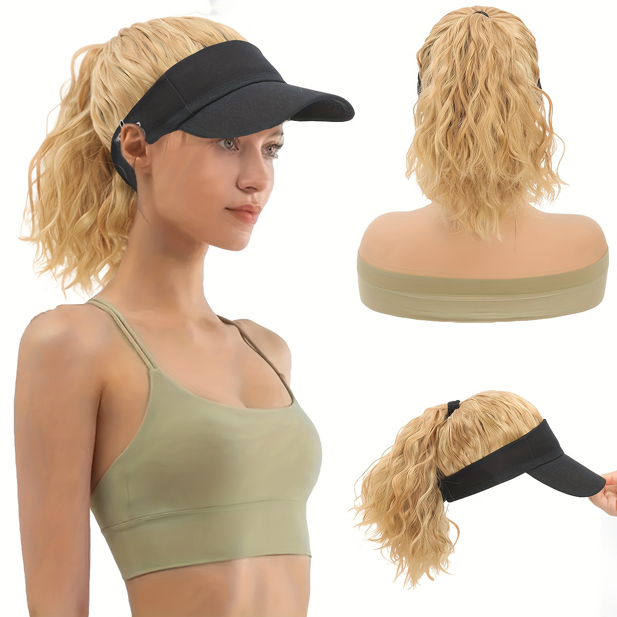 Women's Sun Black Cap Hat Integrated Synthetic Wig Corn Perm Ponytail Slightly Curly_voghion.com