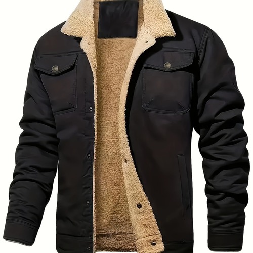 Autumn and winter plus-size men's polyester fleece-lined workwear jacket, youth British-style lapel coat