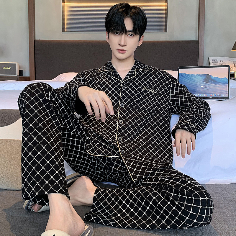 2025 新しいパジャマメンズ秋と冬の綿ルーズ長袖カーディガンラペルハイエンドホームウェアセット
