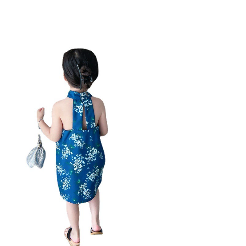 Китайский стиль qipao для девушки лета с кулончиком зелёных бусин и открытым спинкой и улучшенным платьем