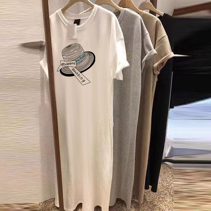 Plus Size Short-Sleeved Dress for Women 2025 New Korean Style Loose Slimming Look Versatile Mid-Length Slit T-Shirt Dress Ins Trend