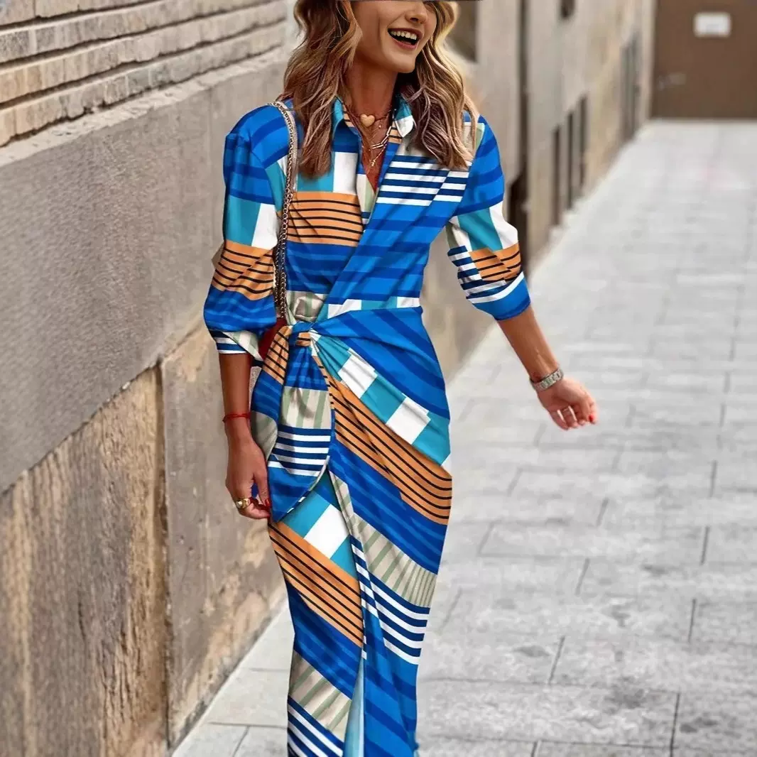 源头工厂跨境外贸女装新品 时尚印花衬衣领系带中长款条纹连衣裙