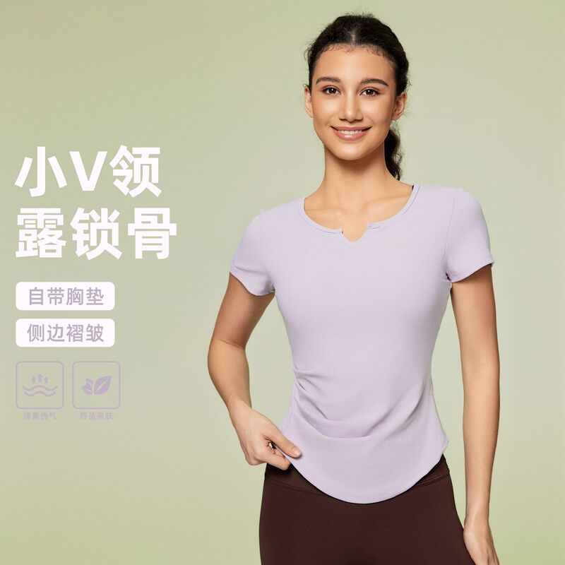 New Style Threaded Waist Slimming Look Sports Fitness Short-Sleeved Casual Versatile Outer Wear Yoga Clothing Tops for Women Ds386