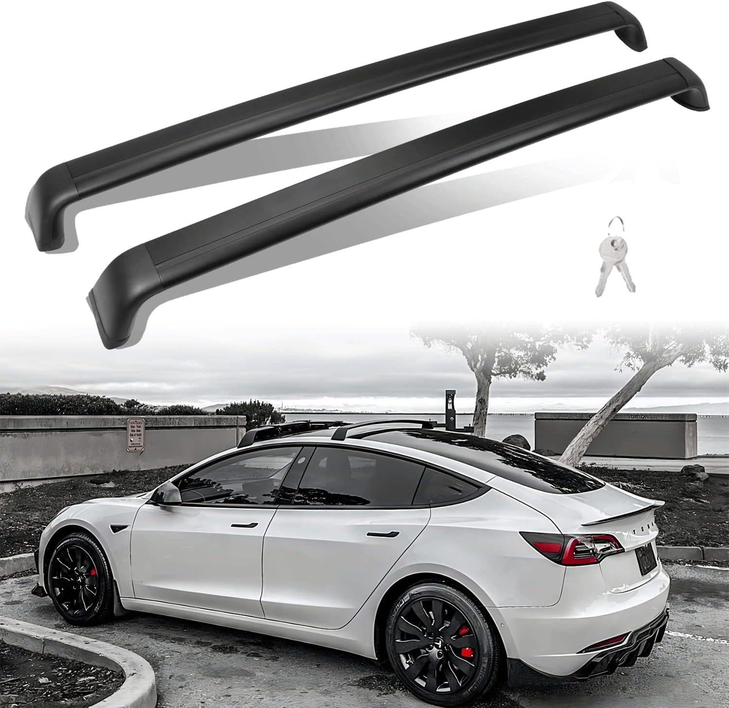 Aluminum alloy roof crossbars with locking mechanism, compatible with Tesla Model 3 (2017-2025)