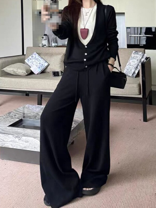 休闲套装女V领假两件上衣女长袖毛衣女2025秋季高腰阔腿裤两件套|undefined