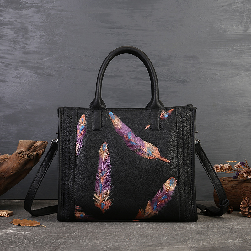 Genuine Leather Women's Handbag Top Grain Cowhide Vintage Small Square Bag Feather Embossed Tote Shoulder Bag - Thumbnail 7