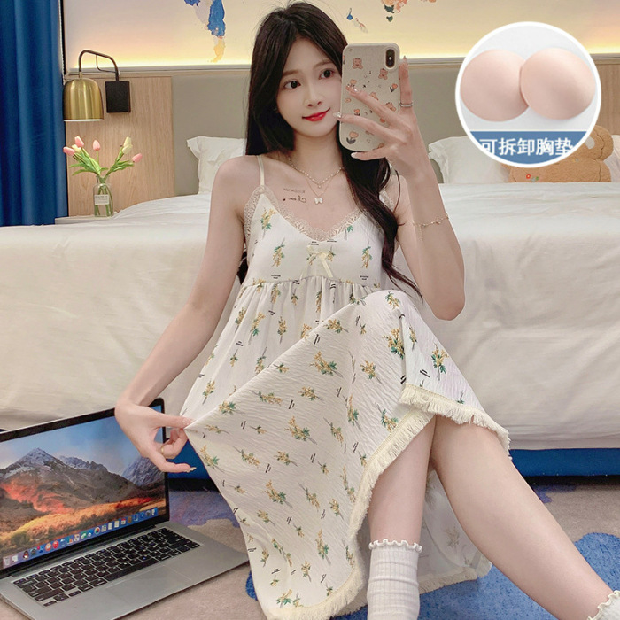 Pijamas de verano de niña cabina larga falda cojín de pecho camiseta ropa casera nubes de algodón dulce ropa casera