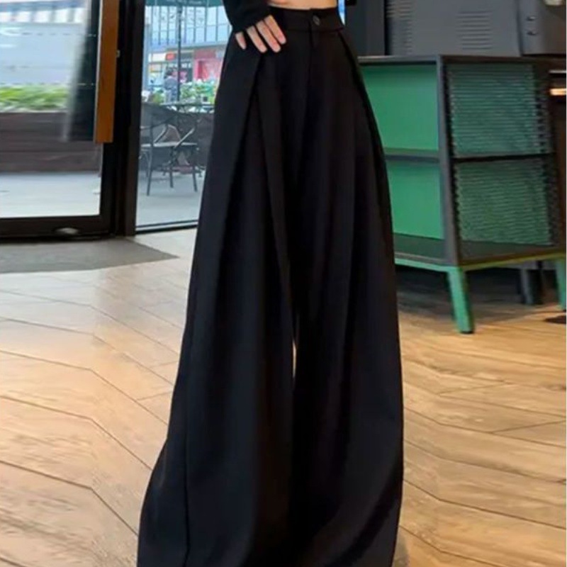 Damenbekleidung Design plissierte Hose mit weitem Bein für Damen im Herbst, neue gerade Anzughose mit hoher Taille, lässige Hose mit drapierter Textur_voghion.com