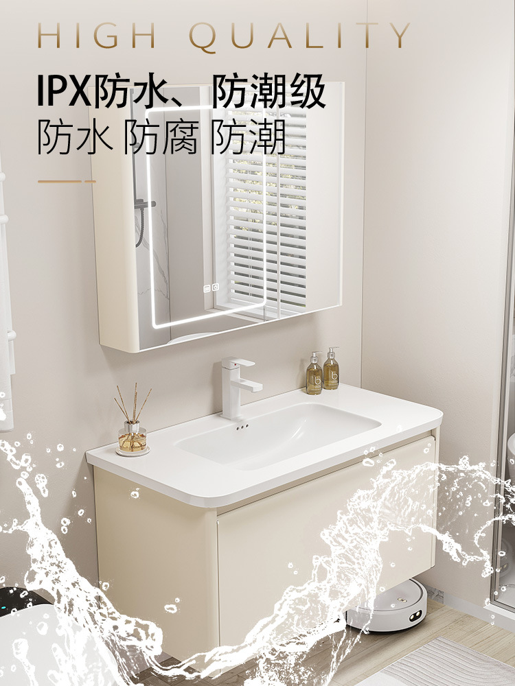 Gabinete de baño de acero inoxidable de aire crema combinado cerámica integral lavabo lavabo lavabo lavabo de esquina redonda lavabo lavabo