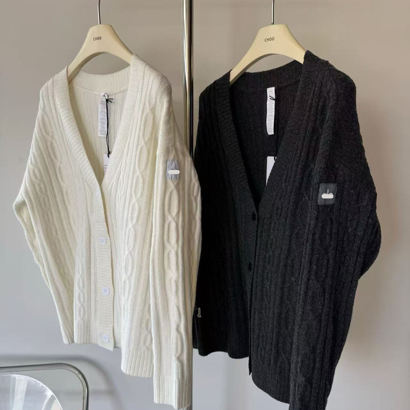 Alo New American Retro V Neck Cable Sweater Autumn and Winter Women's Fashion Loose Casual Knitted Cardigan Jacket Ready in Stock