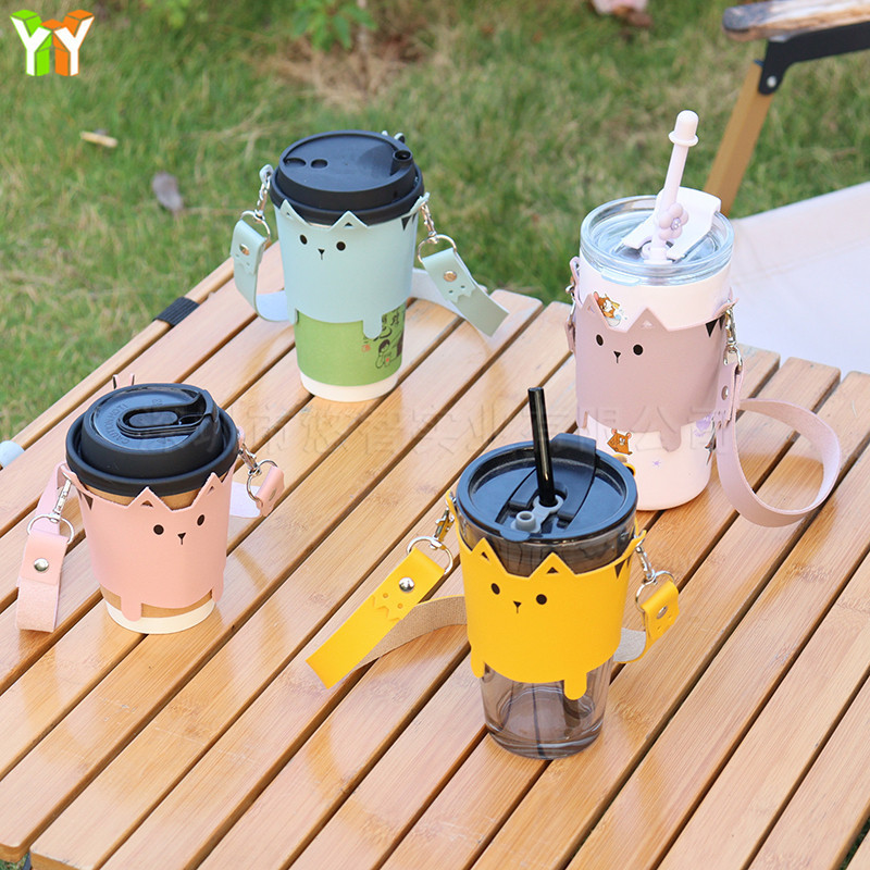 Taiwan style cat coffee milk tea cup cover outdoor portable portable coffee cover cartoon leather portable cup cover