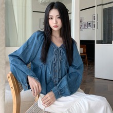 现货 实拍！chic韩系V领系带木耳边牛仔衬衫女春秋上衣女装新款