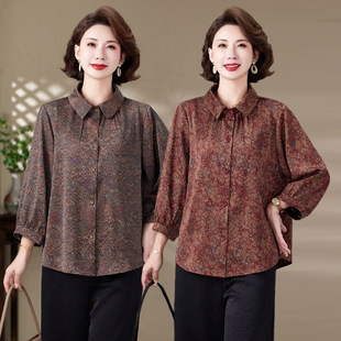 Mother's 2025 Shirt Spring and Autumn New Middle-aged Women's Loose Top Old People's Printed Shirt Fashion